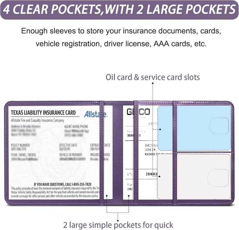 Car Registration and Insurance Holder, Vehicle Glove Box Car Organizer Men Women Wallet Accessories Case for Cards, Essential Document, Driver License (Purple)