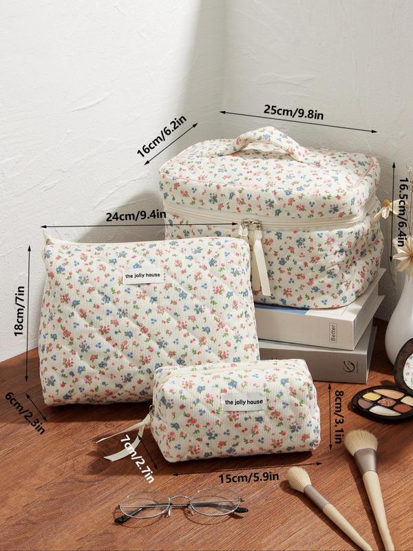 Floral Pattern Quilted Makeup Bag,  Large Travel Cosmetic Bag Polyester Portable Handheld Pouch Zipper Toiletry, for Living Room Floral