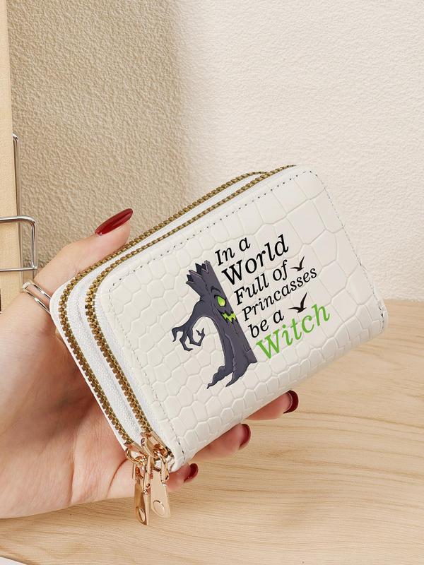 Women's Minimalist Witch Pattern Card Holder, Casual PU Leather Zipper Short Wallet, Large Capacity Multi-functional Card Holder for Daily Use