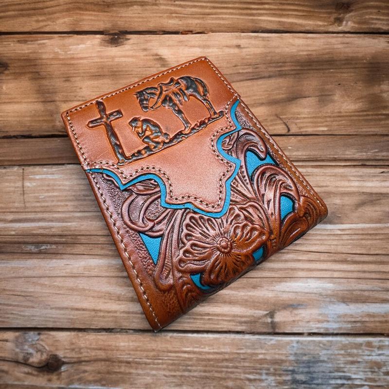 Mens Floral Cowboy Praying At Cross Embossed Cowboy Western Leather Wallet High End Cut Out Layered Leather Style Mens Wallets Leather Bull Rider Rodeo Gifts For Men b swallet