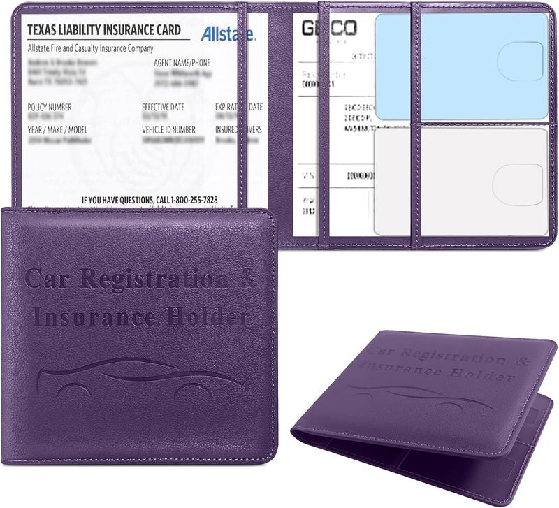 Car Registration and Insurance Holder, Vehicle Glove Box Car Organizer Men Women Wallet Accessories Case for Cards, Essential Document, Driver License (Purple)