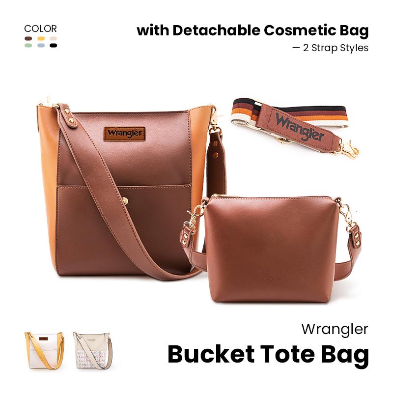 [Wrangler] 2PCS SET Bucket Bag for Women Large Crossbody Bags with Extra Guitar Strap and with Matching Makeup Pouch - Best for Fall Outfit.