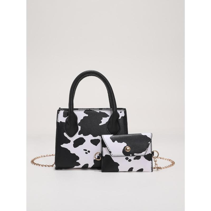 2pcs Cow Pattern Handbag Set Mini Chain Crossbody Bag Trendy Square Tote Bag with Coin Purse Mini Cow Print Chain Square Bag With Coin Purse