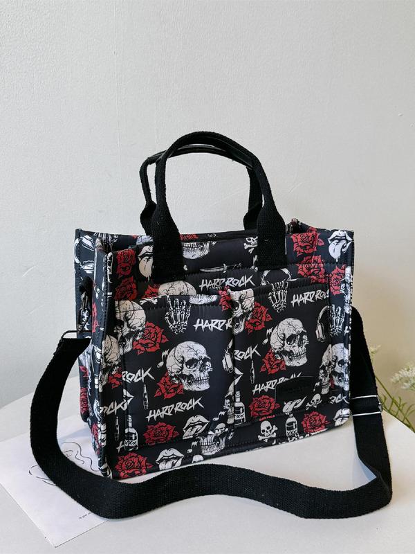 Vintage Fashion Skull   Flag Pattern Tote Bag, Large Capacity Multi-pocket Zipper Shoulder Bag for Women, Casual Trendy Versatile High-quality Daily Commuting Bag As Gifts