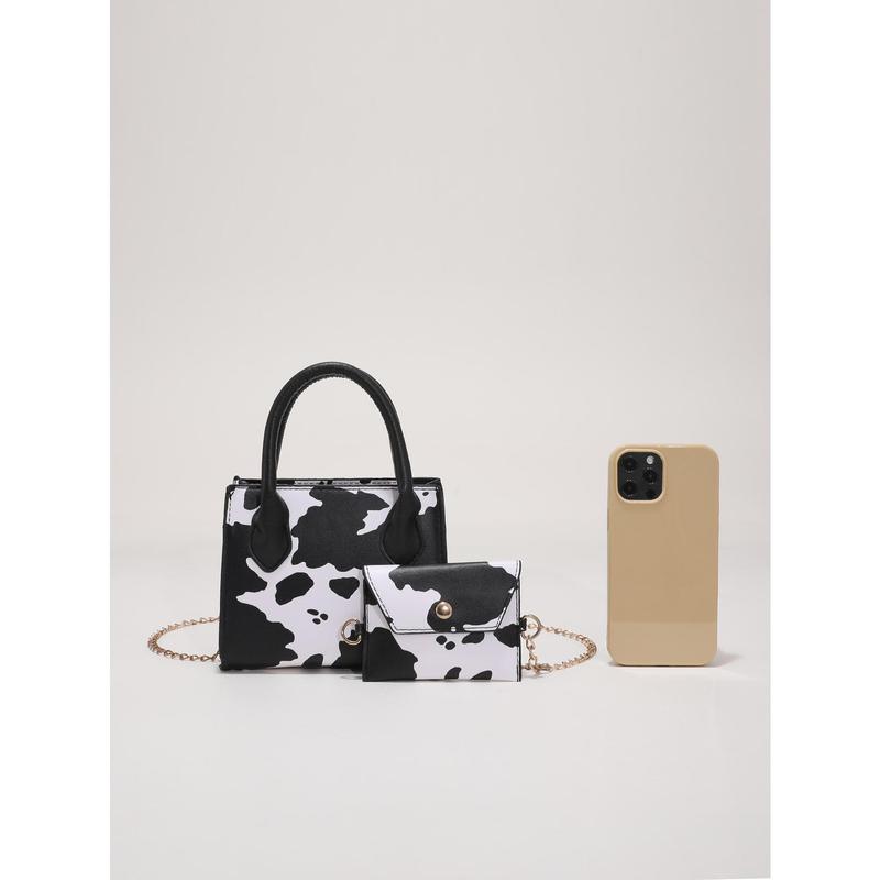 2pcs Cow Pattern Handbag Set Mini Chain Crossbody Bag Trendy Square Tote Bag with Coin Purse Mini Cow Print Chain Square Bag With Coin Purse