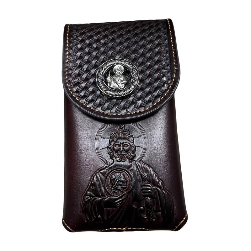 Western Leather Phone Belt Holster Cell Phone Case Phone Pouch Embossed Tooled Saint Jude Cowboy Jesus Brother Concho High End Case for iPhone Samsung Universal