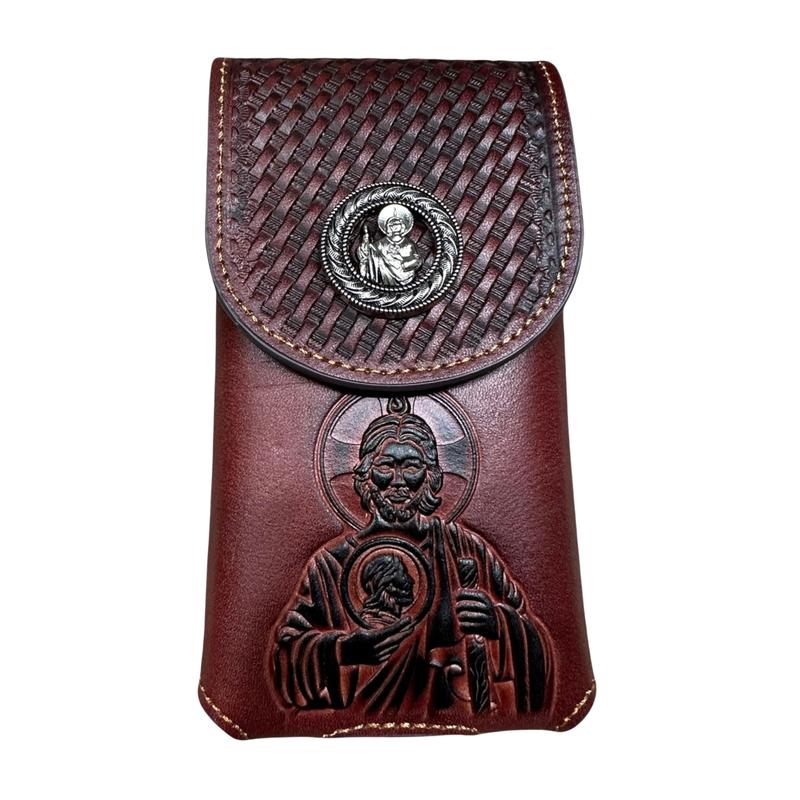 Western Leather Phone Belt Holster Cell Phone Case Phone Pouch Embossed Tooled Saint Jude Cowboy Jesus Brother Concho High End Case for iPhone Samsung Universal