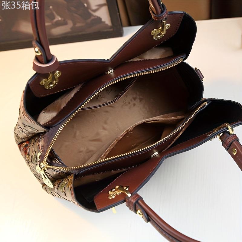 Vintage Flower Pattern Handbag, Luxury PU Leather Tote Bag, Fashion Crossbody Bag For Women