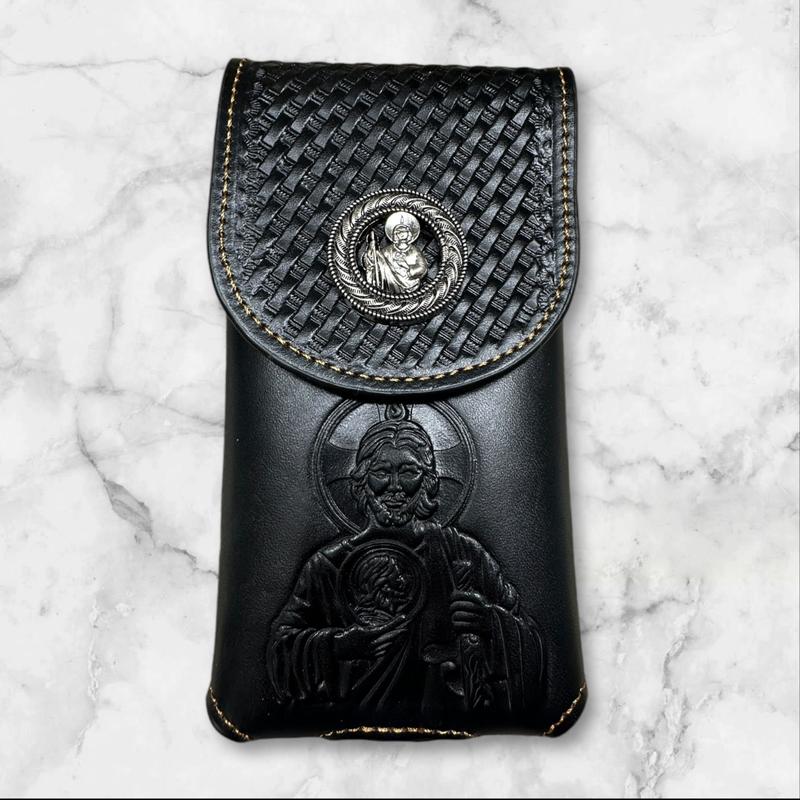 Western Leather Phone Belt Holster Cell Phone Case Phone Pouch Embossed Tooled Saint Jude Cowboy Jesus Brother Concho High End Case for iPhone Samsung Universal