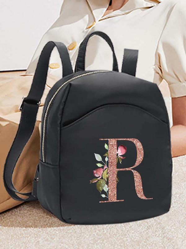 Floral & Initial Pattern Backpack, Fashionable Zipper Backpack for Women & Girls, Casual Trendy Versatile High-quality Daily Commuting Bag