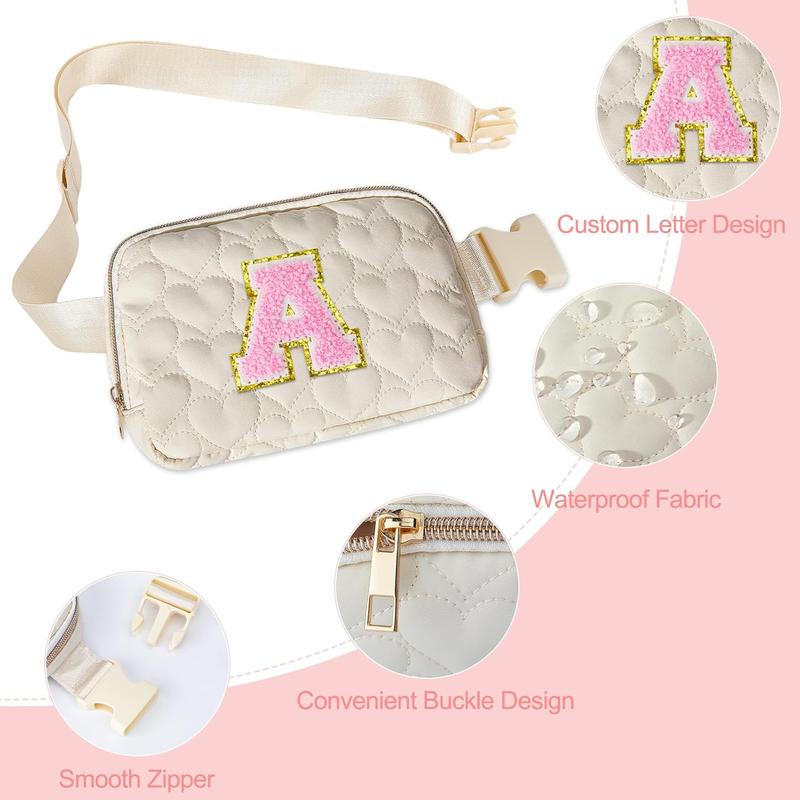 Fanny Pack for Girls Heart-quilted Letter Belt Bag Crossbody Bags with Smooth Zipper  Bag for Women Teen Girl Fanny Packs, Beige, A