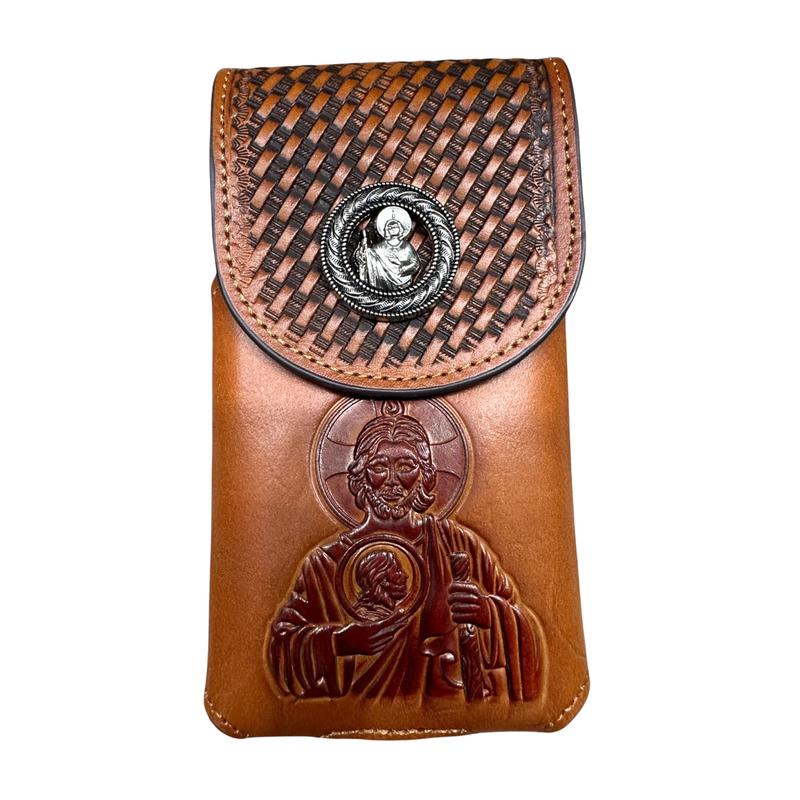 Western Leather Phone Belt Holster Cell Phone Case Phone Pouch Embossed Tooled Saint Jude Cowboy Jesus Brother Concho High End Case for iPhone Samsung Universal