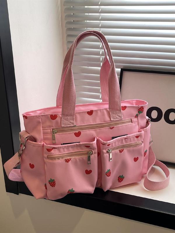 Women's Strawberry Pattern Tote Bag, Heart Pattern Zipper Shoulder Bag for Daily Used, Casual Trendy Versatile High-quality Daily Commuting Bag