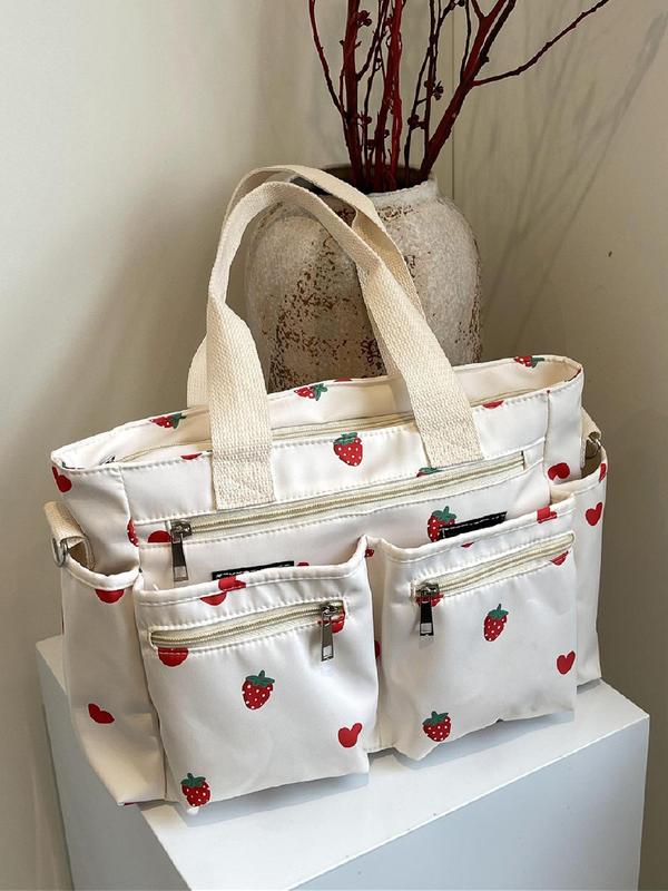 Women's Strawberry Pattern Tote Bag, Heart Pattern Zipper Shoulder Bag for Daily Used, Casual Trendy Versatile High-quality Daily Commuting Bag