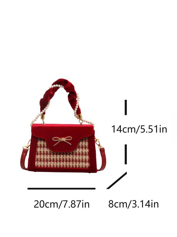 Patchwork & Houndstooth Pattern Tweed Handbag, Bow Design Crossbody Bag with Faux Pearl Decor Top Handle for Wedding Party, Shoulder Bag for Daily Use