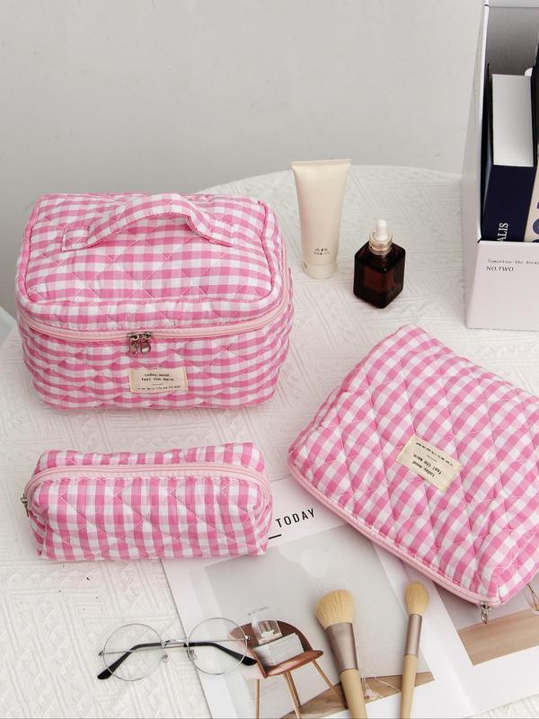 Plaid Pattern Letter Patched Makeup Bag, Travel Essentials, Large Capacity Makeup Organizer, Travel Skincare Makeup Storage Bag with Handle, Multifunctional Storage Bag, Fall Outfit, Fall Freshness