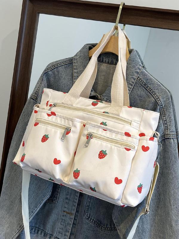 Women's Strawberry Pattern Tote Bag, Heart Pattern Zipper Shoulder Bag for Daily Used, Casual Trendy Versatile High-quality Daily Commuting Bag