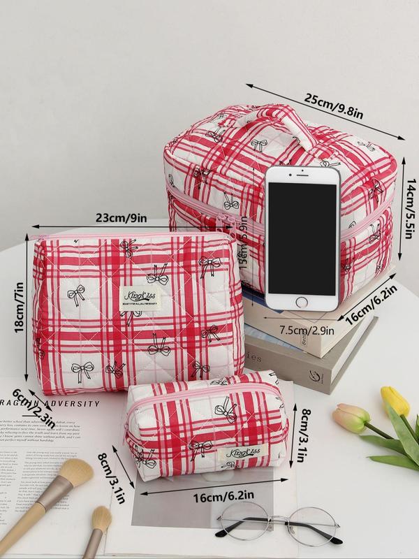 Plaid Pattern Letter Patched Makeup Bag, Travel Essentials, Large Capacity Makeup Organizer, Travel Skincare Makeup Storage Bag with Handle, Multifunctional Storage Bag, Fall Outfit, Fall Freshness