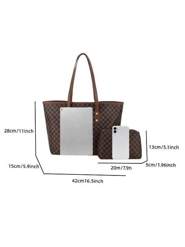 Women's Fashionable Geometric Pattern Tote Bag & Cosmetic Bag, Casual Versatile Zipper Shoulder Bag & Cosmetic Bag, Trendy All-match Bag Set for Daily Use