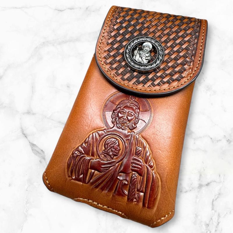 Western Leather Phone Belt Holster Cell Phone Case Phone Pouch Embossed Tooled Saint Jude Cowboy Jesus Brother Concho High End Case for iPhone Samsung Universal