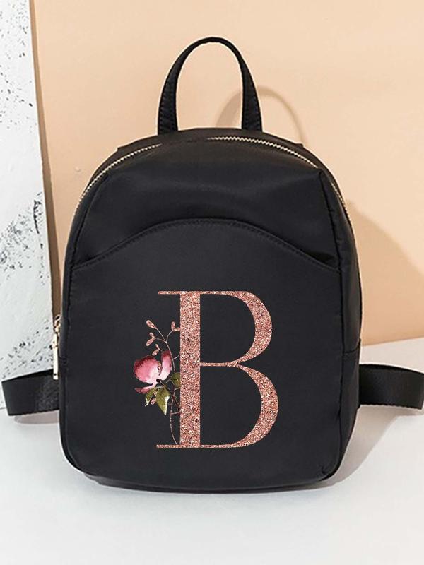 Floral & Initial Pattern Backpack, Fashionable Zipper Backpack for Women & Girls, Casual Trendy Versatile High-quality Daily Commuting Bag