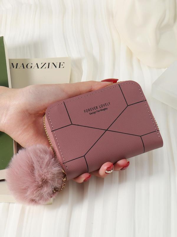 Women's  Geometric & Letter Pattern Short Wallet, Casual Pu Leather Zipper Multiple Slots Card Holder with Pom Pom Decor for Daily Used