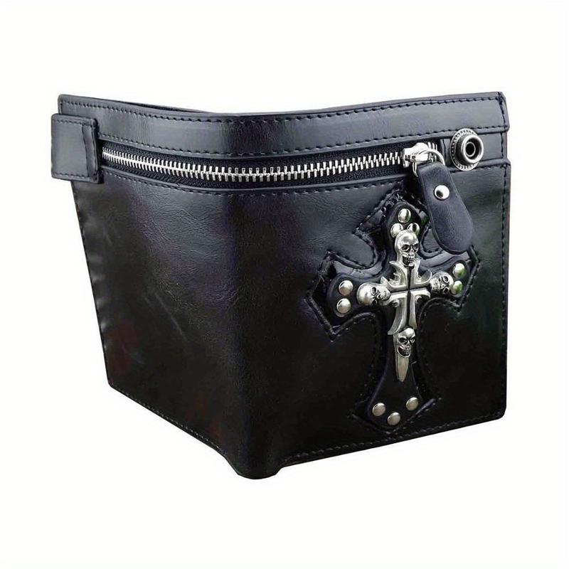 Men's Gothic Cross Buckle Leather Wallet with Antique Motorcycle Chain Black