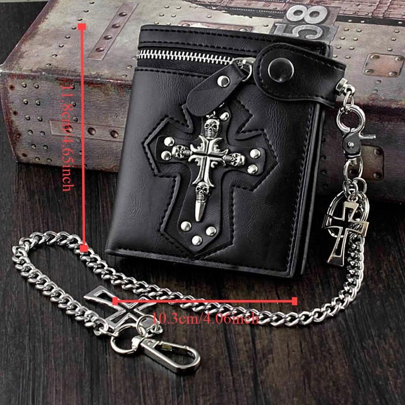 Men's Gothic Cross Buckle Leather Wallet with Antique Motorcycle Chain Black