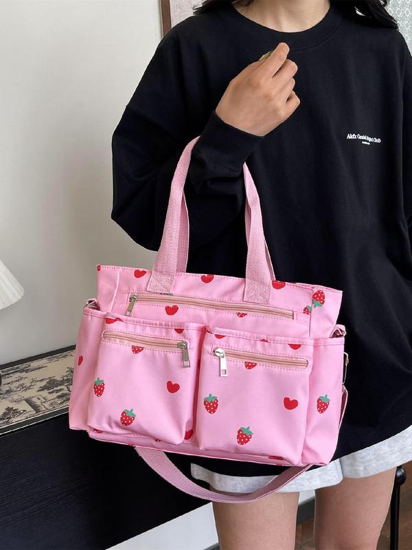 Women's Strawberry Pattern Tote Bag, Heart Pattern Zipper Shoulder Bag for Daily Used, Casual Trendy Versatile High-quality Daily Commuting Bag