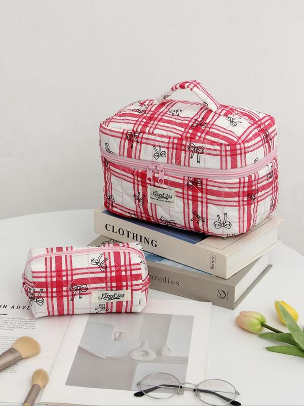 Plaid Pattern Letter Patched Makeup Bag, Travel Essentials, Large Capacity Makeup Organizer, Travel Skincare Makeup Storage Bag with Handle, Multifunctional Storage Bag, Fall Outfit, Fall Freshness