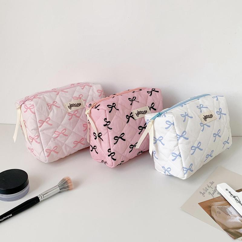 Quilted Pattern Cosmetic Organizer Bag, 1 Count Large Capacity Makeup Bag with Bow Pattern, Portable Travel Storage Bag, Home Organizer