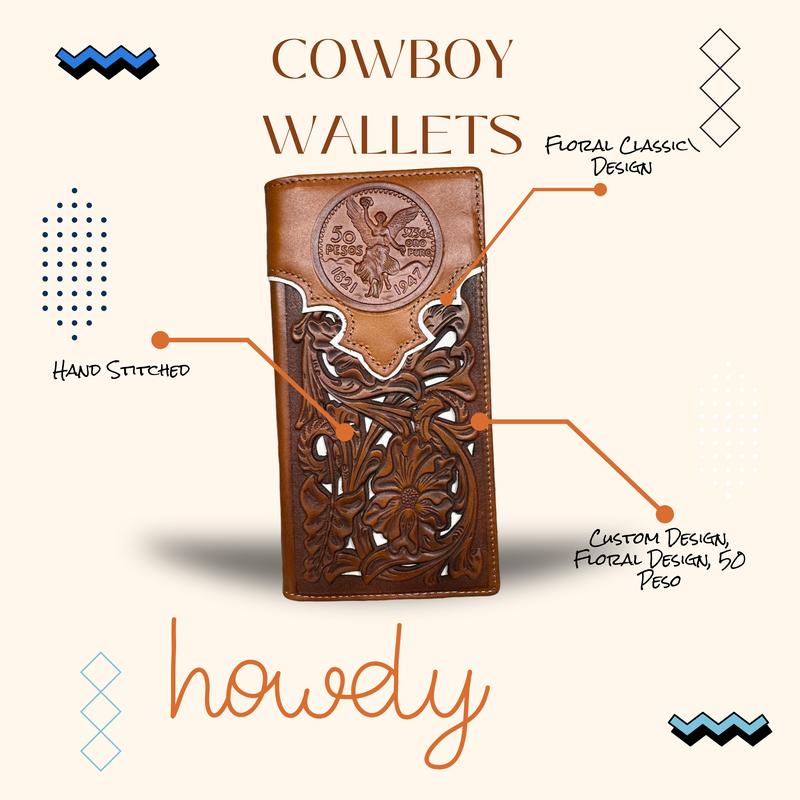 Mens Long Wallet Floral Cutout Layered Brown Leather White Accent Mexican 50 Peso Design Checkbook Style Cowboy Hand Crafted High End Mens Wallets Leather Gifts