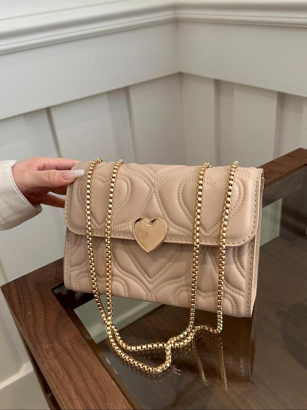 Heart Decor Heart Quilted Flap Square Bag, with Chain Strap, Solid Color Crossbody Bags for Women, Casual Trendy Versatile High-quality Daily Commuting Bag