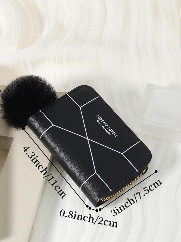 Women's  Geometric & Letter Pattern Short Wallet, Casual Pu Leather Zipper Multiple Slots Card Holder with Pom Pom Decor for Daily Used