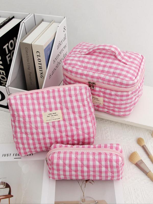 Plaid Pattern Letter Patched Makeup Bag, Travel Essentials, Large Capacity Makeup Organizer, Travel Skincare Makeup Storage Bag with Handle, Multifunctional Storage Bag, Fall Outfit, Fall Freshness