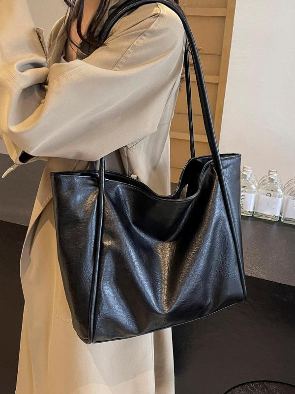 Women's Solid Color Tote Bag, Fashionable Large Capacity Shoulder Bag for Daily Life, Casual Trendy Versatile All-match Commuting Bag