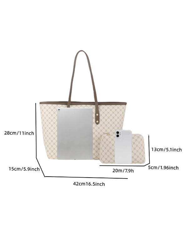 Women's Fashionable Geometric Pattern Tote Bag & Cosmetic Bag, Casual Versatile Zipper Shoulder Bag & Cosmetic Bag, Trendy All-match Bag Set for Daily Use