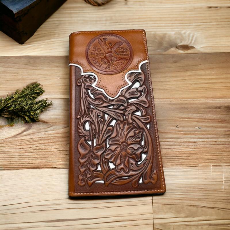 Mens Long Wallet Floral Cutout Layered Brown Leather White Accent Mexican 50 Peso Design Checkbook Style Cowboy Hand Crafted High End Mens Wallets Leather Gifts