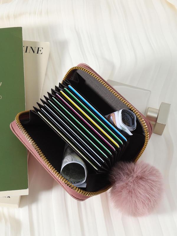 Women's  Geometric & Letter Pattern Short Wallet, Casual Pu Leather Zipper Multiple Slots Card Holder with Pom Pom Decor for Daily Used