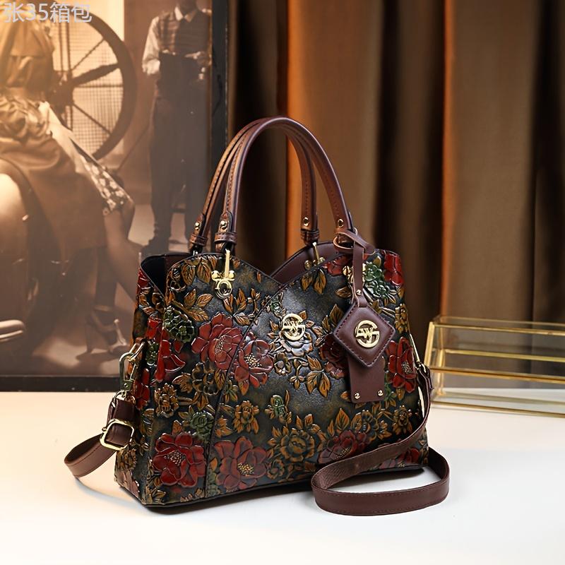 Vintage Flower Pattern Handbag, Luxury PU Leather Tote Bag, Fashion Crossbody Bag For Women