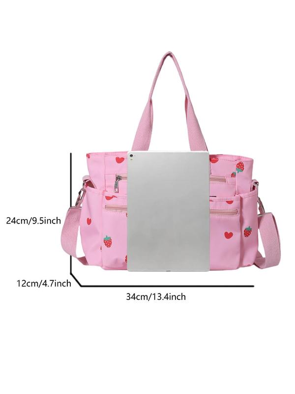 Women's Strawberry Pattern Tote Bag, Heart Pattern Zipper Shoulder Bag for Daily Used, Casual Trendy Versatile High-quality Daily Commuting Bag