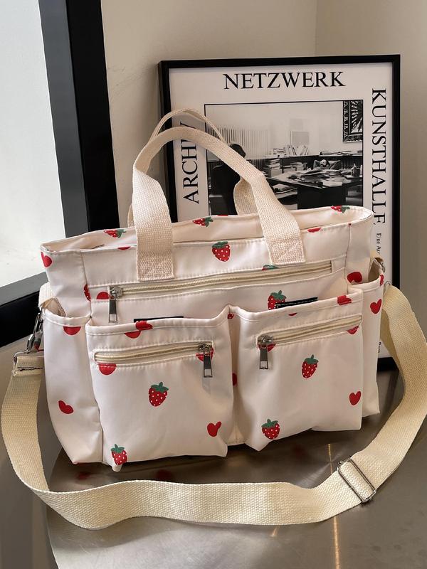 Women's Strawberry Pattern Tote Bag, Heart Pattern Zipper Shoulder Bag for Daily Used, Casual Trendy Versatile High-quality Daily Commuting Bag