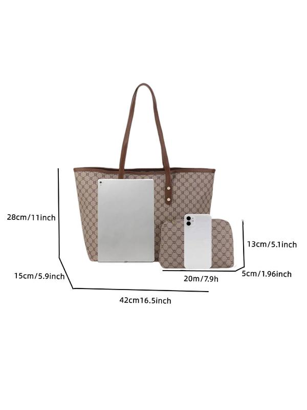 Women's Fashionable Geometric Pattern Tote Bag & Cosmetic Bag, Casual Versatile Zipper Shoulder Bag & Cosmetic Bag, Trendy All-match Bag Set for Daily Use