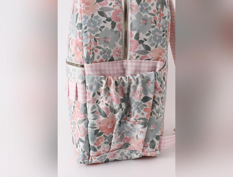 Pink floral ruffle backpack