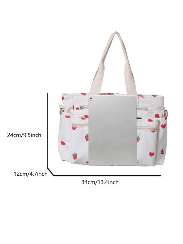 Women's Strawberry Pattern Tote Bag, Heart Pattern Zipper Shoulder Bag for Daily Used, Casual Trendy Versatile High-quality Daily Commuting Bag