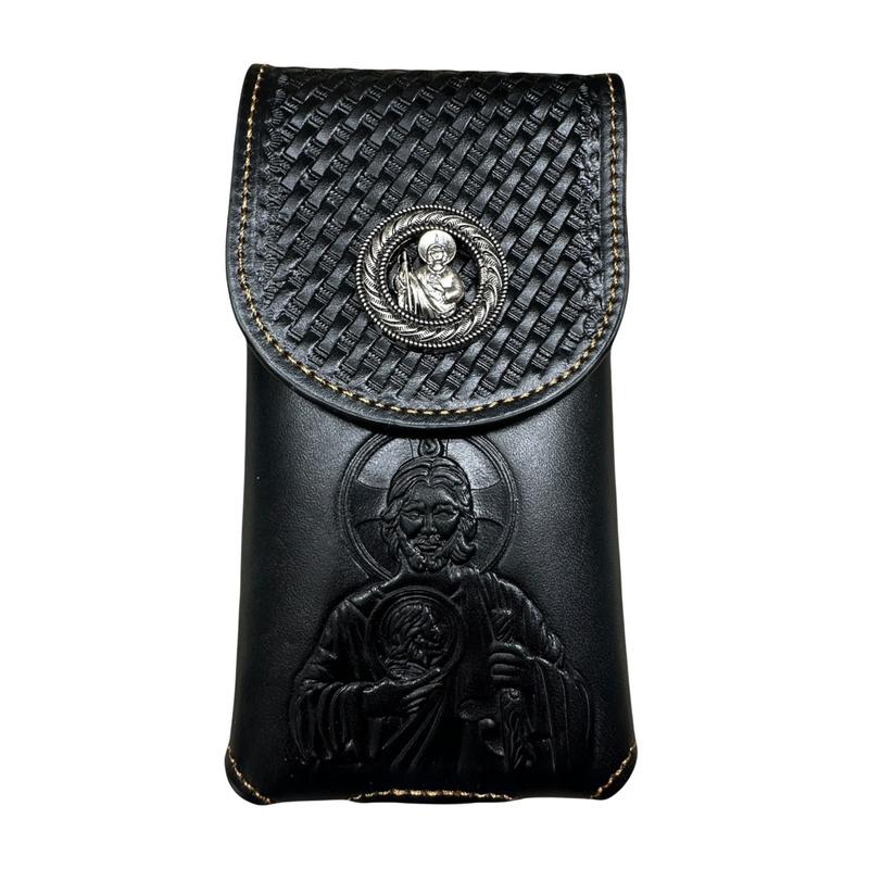 Western Leather Phone Belt Holster Cell Phone Case Phone Pouch Embossed Tooled Saint Jude Cowboy Jesus Brother Concho High End Case for iPhone Samsung Universal