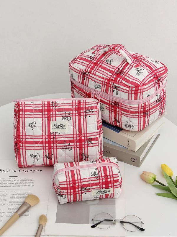 Plaid Pattern Letter Patched Makeup Bag, Travel Essentials, Large Capacity Makeup Organizer, Travel Skincare Makeup Storage Bag with Handle, Multifunctional Storage Bag, Fall Outfit, Fall Freshness