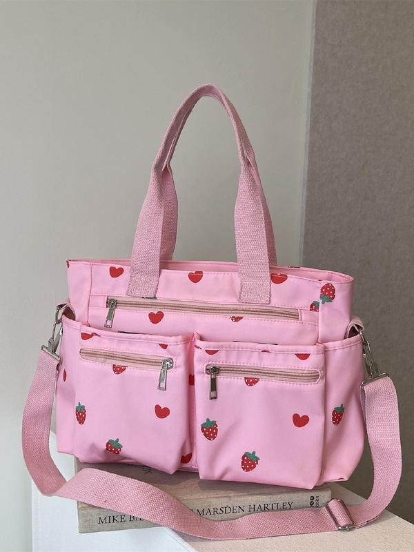 Women's Strawberry Pattern Tote Bag, Heart Pattern Zipper Shoulder Bag for Daily Used, Casual Trendy Versatile High-quality Daily Commuting Bag