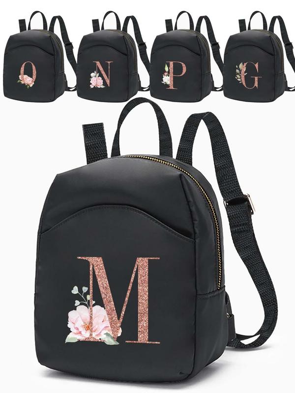 Floral & Initial Pattern Backpack, Fashionable Zipper Backpack for Women & Girls, Casual Trendy Versatile High-quality Daily Commuting Bag