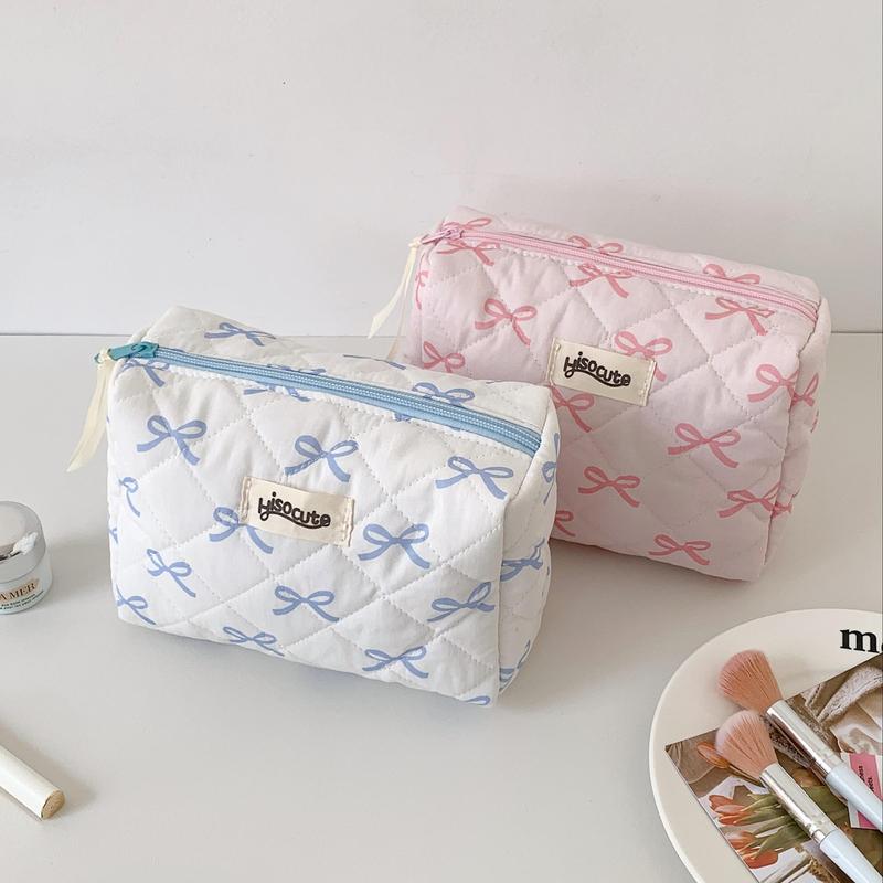 Quilted Pattern Cosmetic Organizer Bag, 1 Count Large Capacity Makeup Bag with Bow Pattern, Portable Travel Storage Bag, Home Organizer